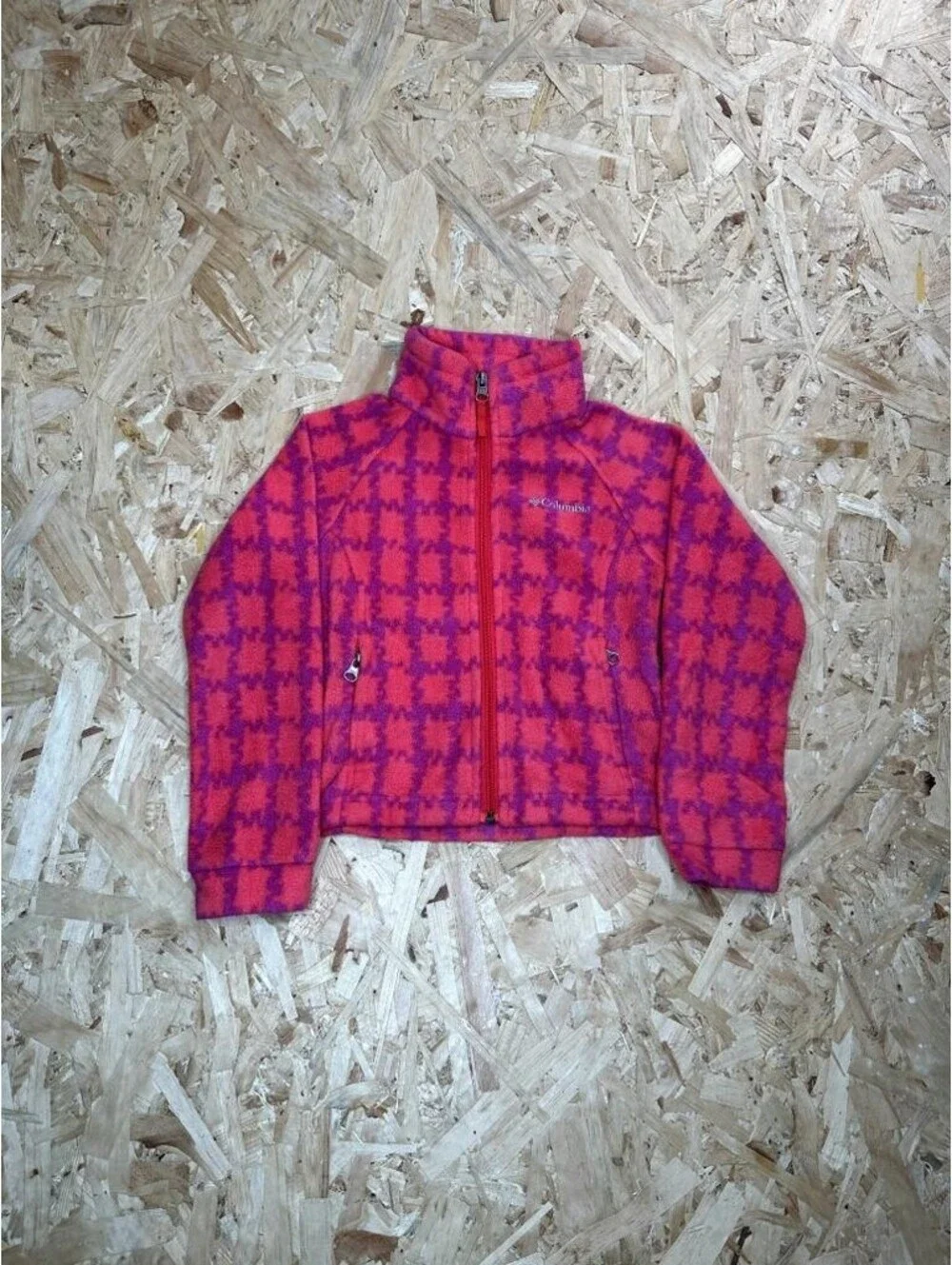 Columbia Fleece Jacket Girls XXS Pink Purple Houndstooth Full Zip Mock Neck